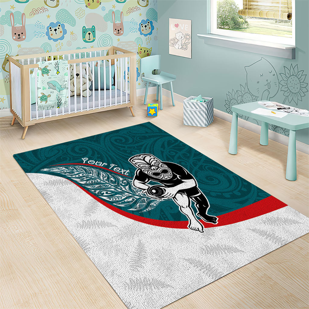 Personalised Aotearoa Lawn Bowls Area Rug Maori Warrior and Silver Fern Sporty Style Teal