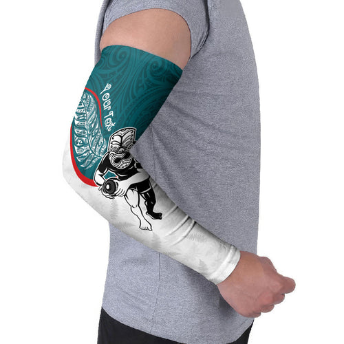 Personalised Aotearoa Lawn Bowls Arm Sleeves Maori Warrior and Silver Fern Sporty Style Teal