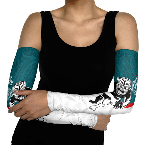 Personalised Aotearoa Lawn Bowls Arm Sleeves Maori Warrior and Silver Fern Sporty Style Teal
