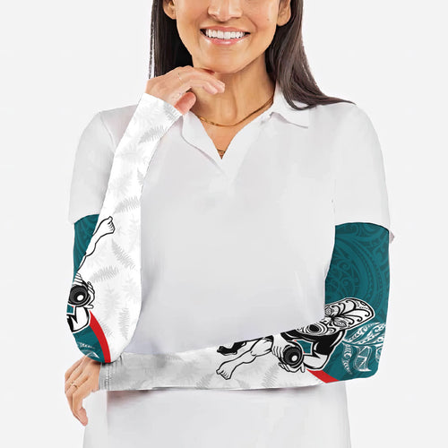 Personalised Aotearoa Lawn Bowls Arm Sleeves Maori Warrior and Silver Fern Sporty Style Teal