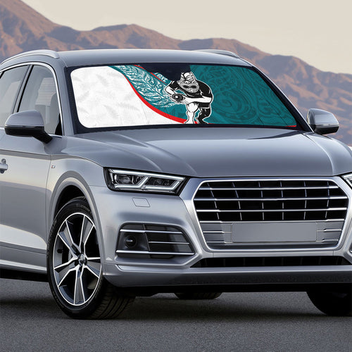 Personalised Aotearoa Lawn Bowls Auto Sun Shade Maori Warrior and Silver Fern Sporty Style Teal