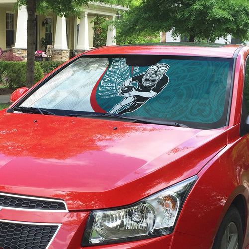Personalised Aotearoa Lawn Bowls Auto Sun Shade Maori Warrior and Silver Fern Sporty Style Teal
