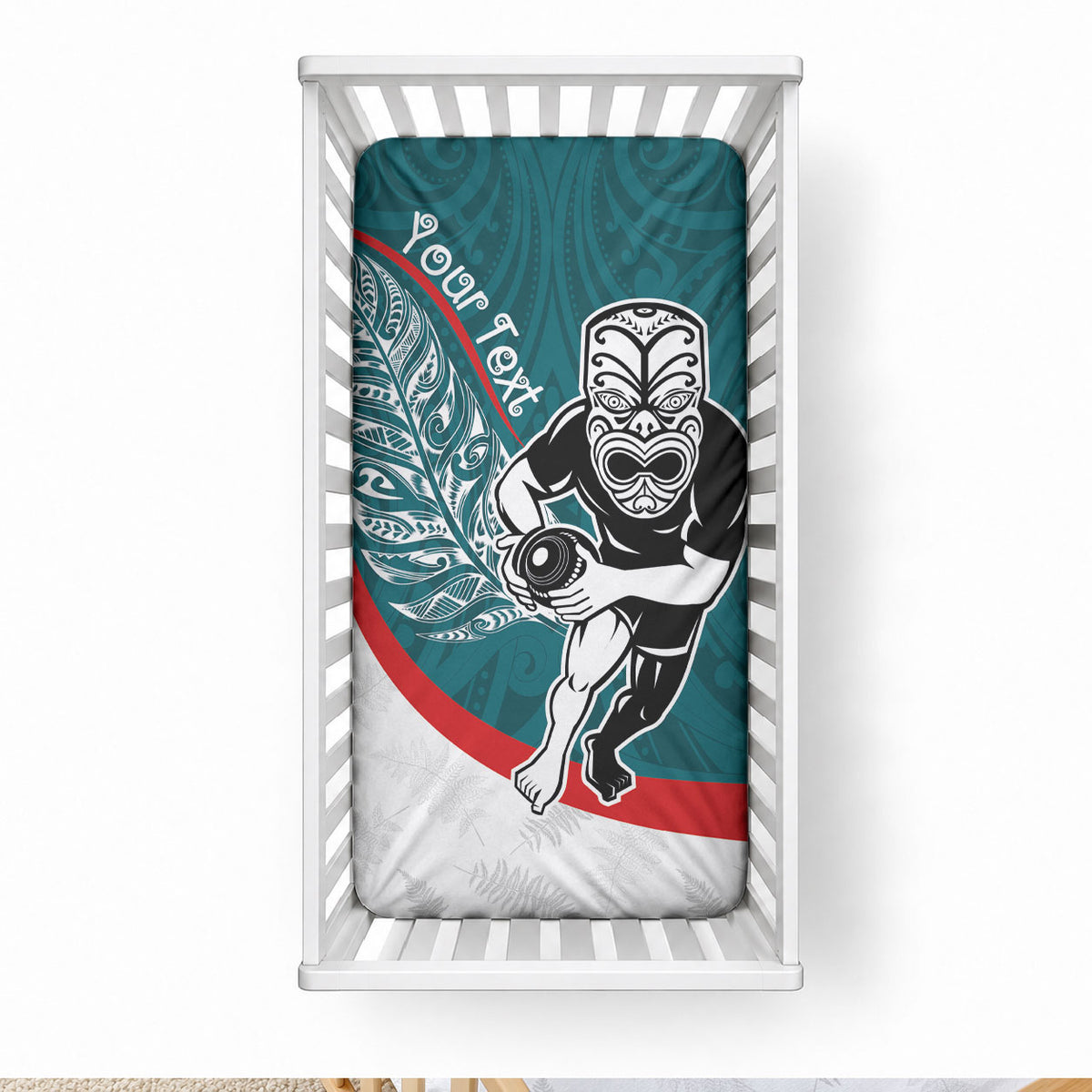 Personalised Aotearoa Lawn Bowls Baby Bed Cover Maori Warrior and Silver Fern Sporty Style Teal