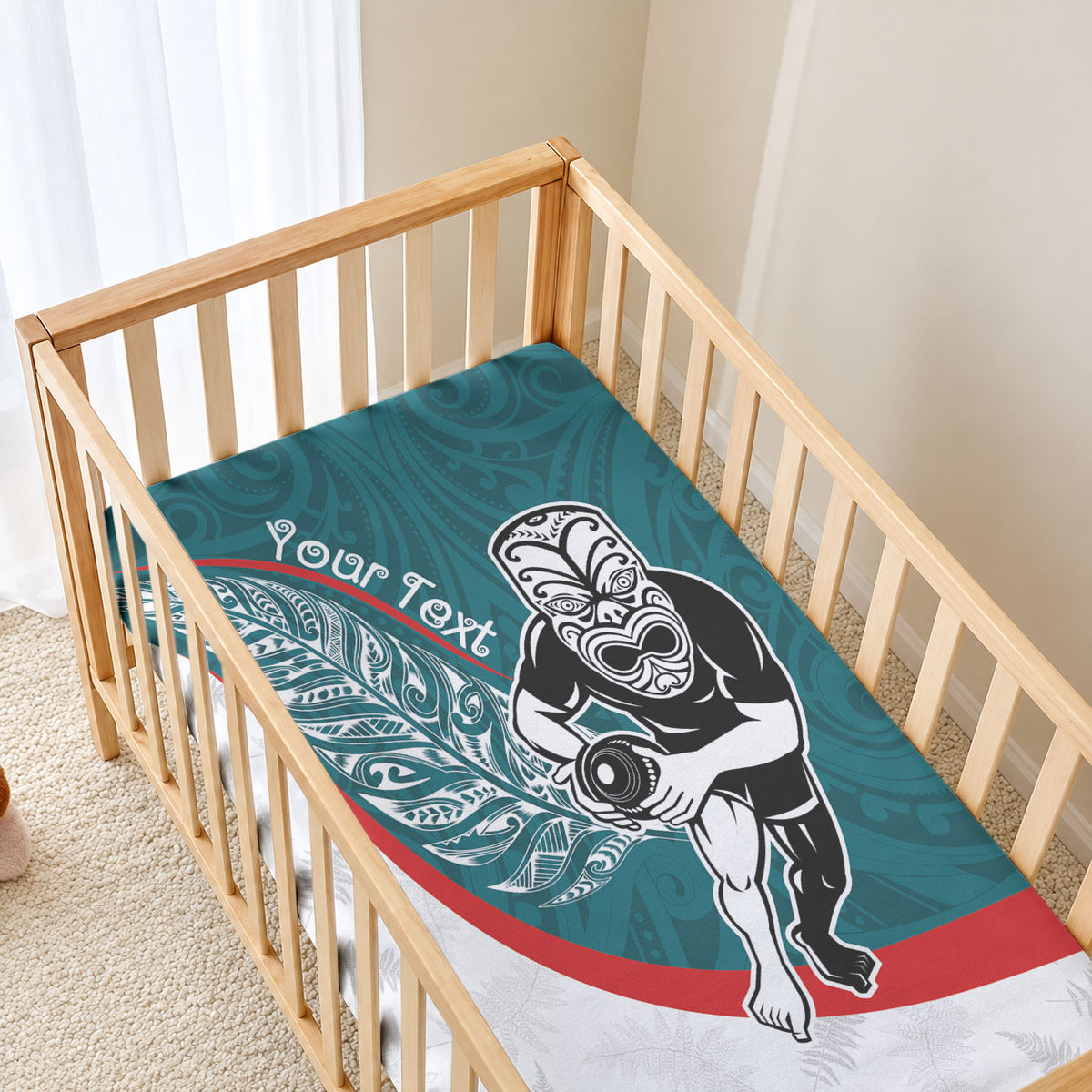 Personalised Aotearoa Lawn Bowls Baby Bed Cover Maori Warrior and Silver Fern Sporty Style Teal