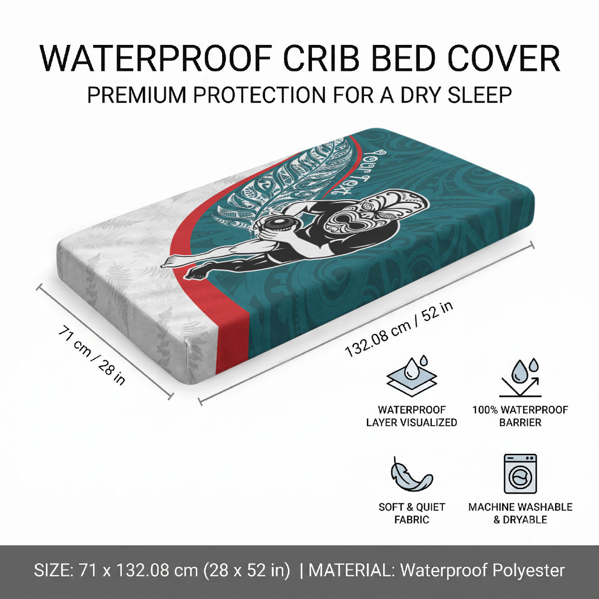Personalised Aotearoa Lawn Bowls Baby Bed Cover Maori Warrior and Silver Fern Sporty Style Teal