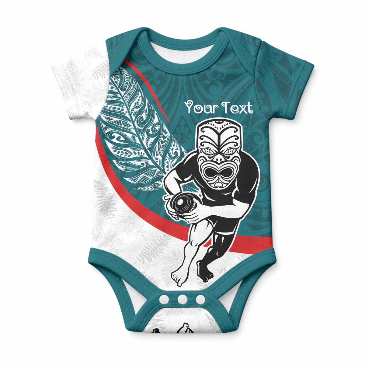 Personalised Aotearoa Lawn Bowls Baby Onesie Maori Warrior and Silver Fern Sporty Style Teal