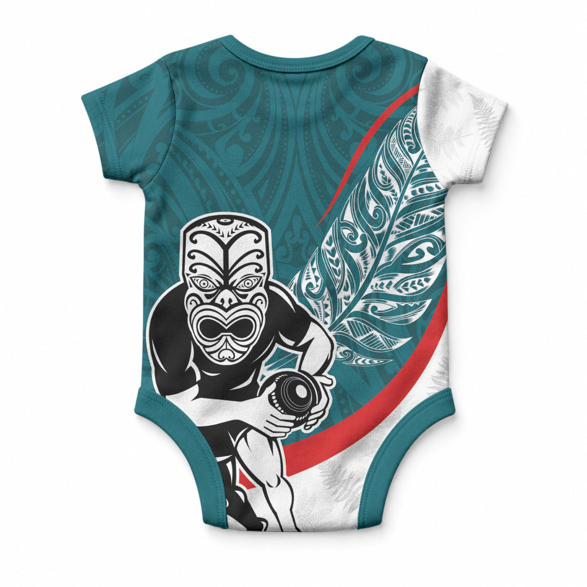 Personalised Aotearoa Lawn Bowls Baby Onesie Maori Warrior and Silver Fern Sporty Style Teal