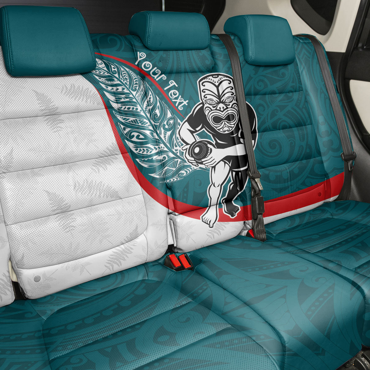Personalised Aotearoa Lawn Bowls Back Car Seat Cover Maori Warrior and Silver Fern Sporty Style Teal