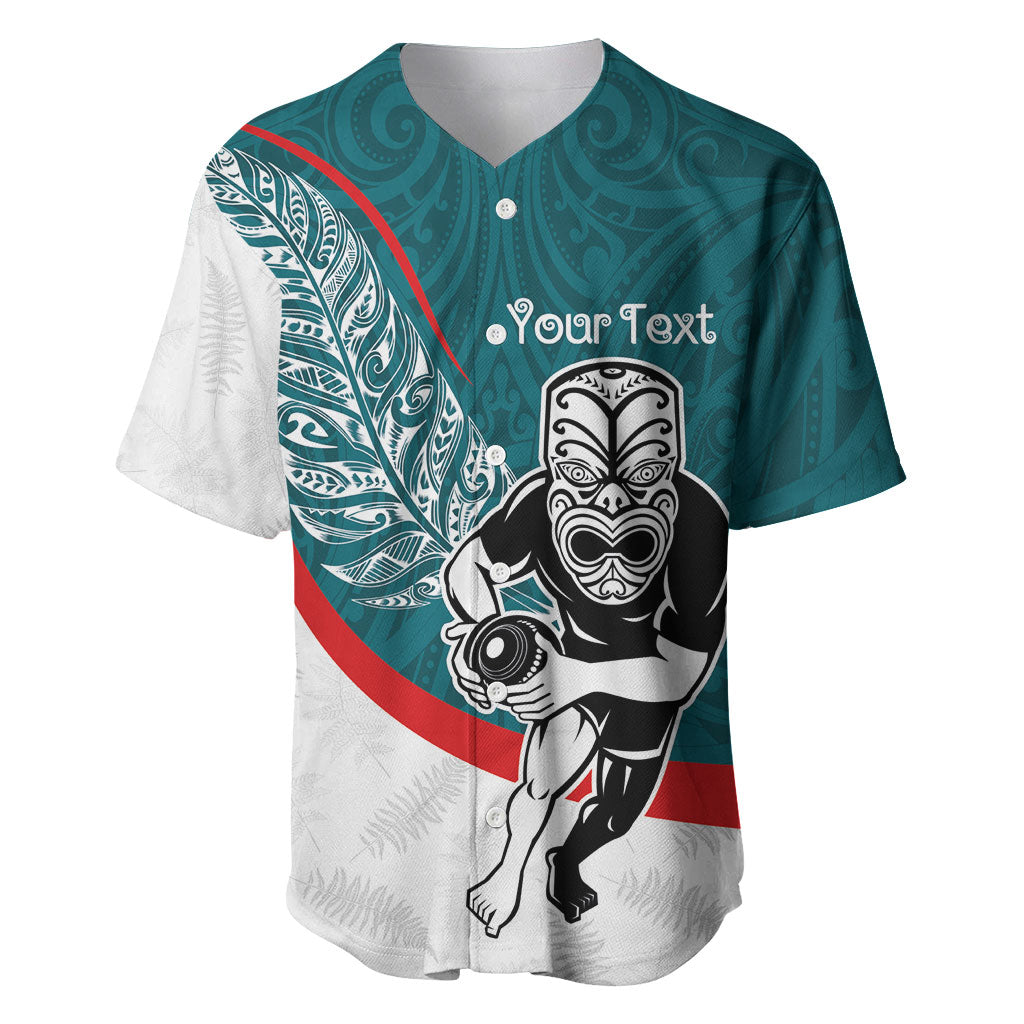 Personalised Aotearoa Lawn Bowls Baseball Jersey Maori Warrior and Silver Fern Sporty Style Teal