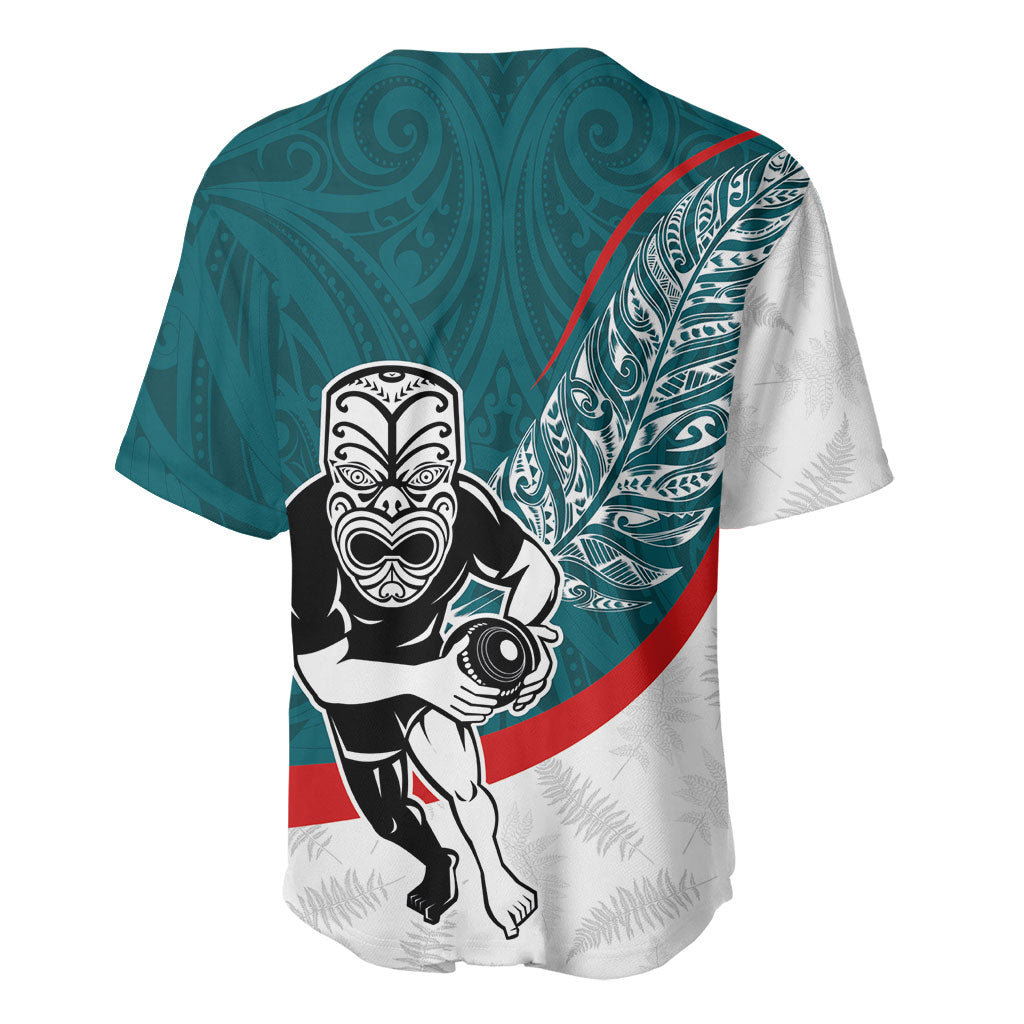Personalised Aotearoa Lawn Bowls Baseball Jersey Maori Warrior and Silver Fern Sporty Style Teal