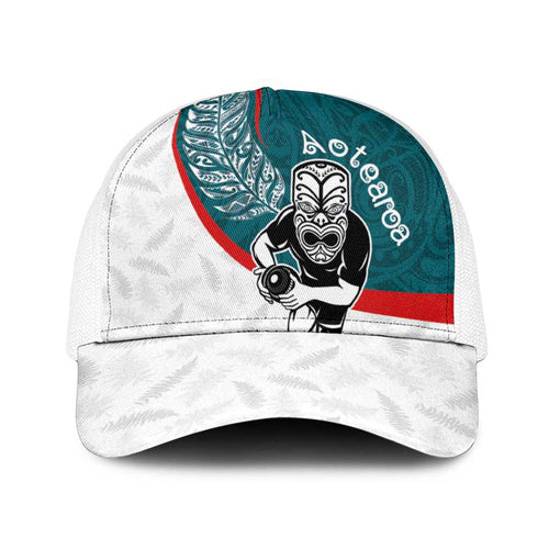 Aotearoa Lawn Bowls Baseball Net Cap Maori Warrior and Silver Fern Sporty Style Teal