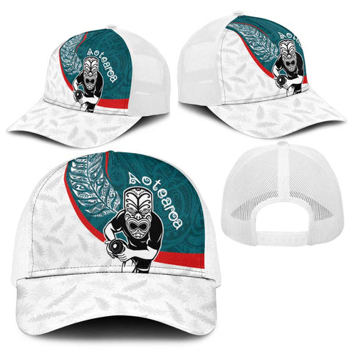 Aotearoa Lawn Bowls Baseball Net Cap Maori Warrior and Silver Fern Sporty Style Teal