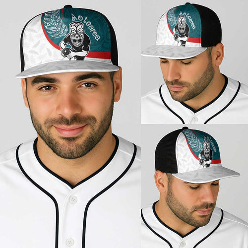 Aotearoa Lawn Bowls Baseball Net Cap Maori Warrior and Silver Fern Sporty Style Teal