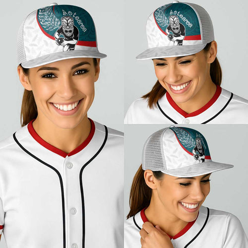 Aotearoa Lawn Bowls Baseball Net Cap Maori Warrior and Silver Fern Sporty Style Teal