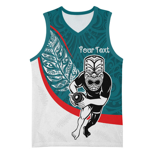 Personalised Aotearoa Lawn Bowls Basketball Jersey Maori Warrior and Silver Fern Sporty Style Teal