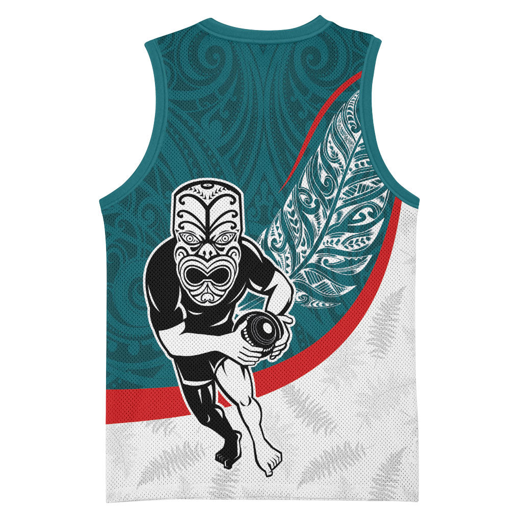 Personalised Aotearoa Lawn Bowls Basketball Jersey Maori Warrior and Silver Fern Sporty Style Teal