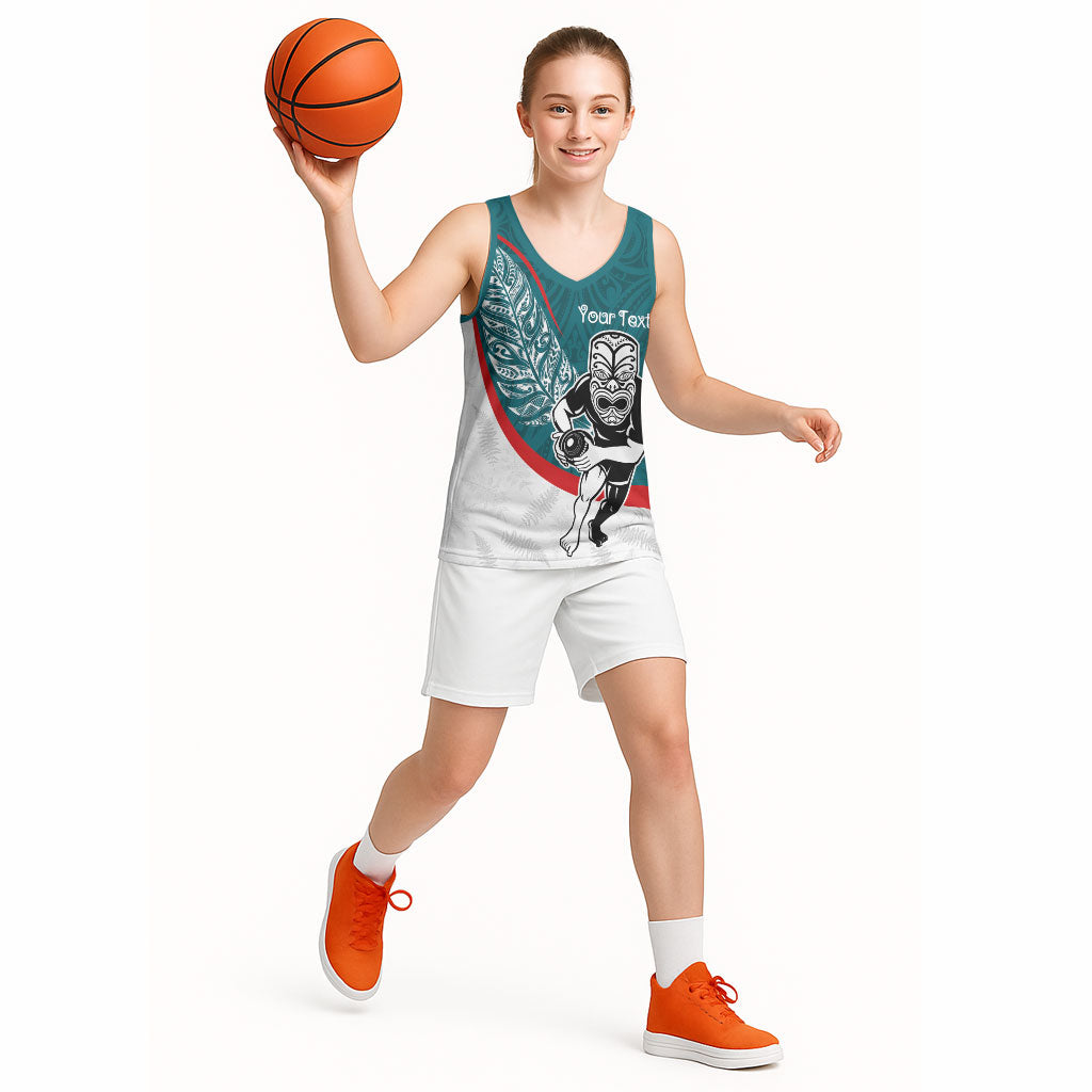 Personalised Aotearoa Lawn Bowls Basketball Jersey Maori Warrior and Silver Fern Sporty Style Teal