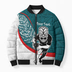 Personalised Aotearoa Lawn Bowls Bomber Puffer Jacket Maori Warrior and Silver Fern Sporty Style Teal