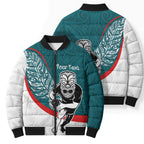 Personalised Aotearoa Lawn Bowls Bomber Puffer Jacket Maori Warrior and Silver Fern Sporty Style Teal