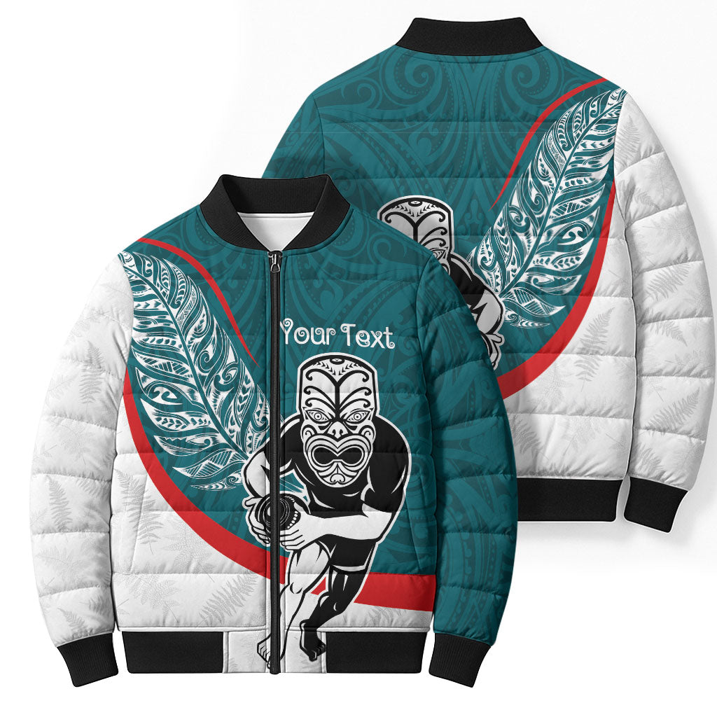 Personalised Aotearoa Lawn Bowls Bomber Puffer Jacket Maori Warrior and Silver Fern Sporty Style Teal