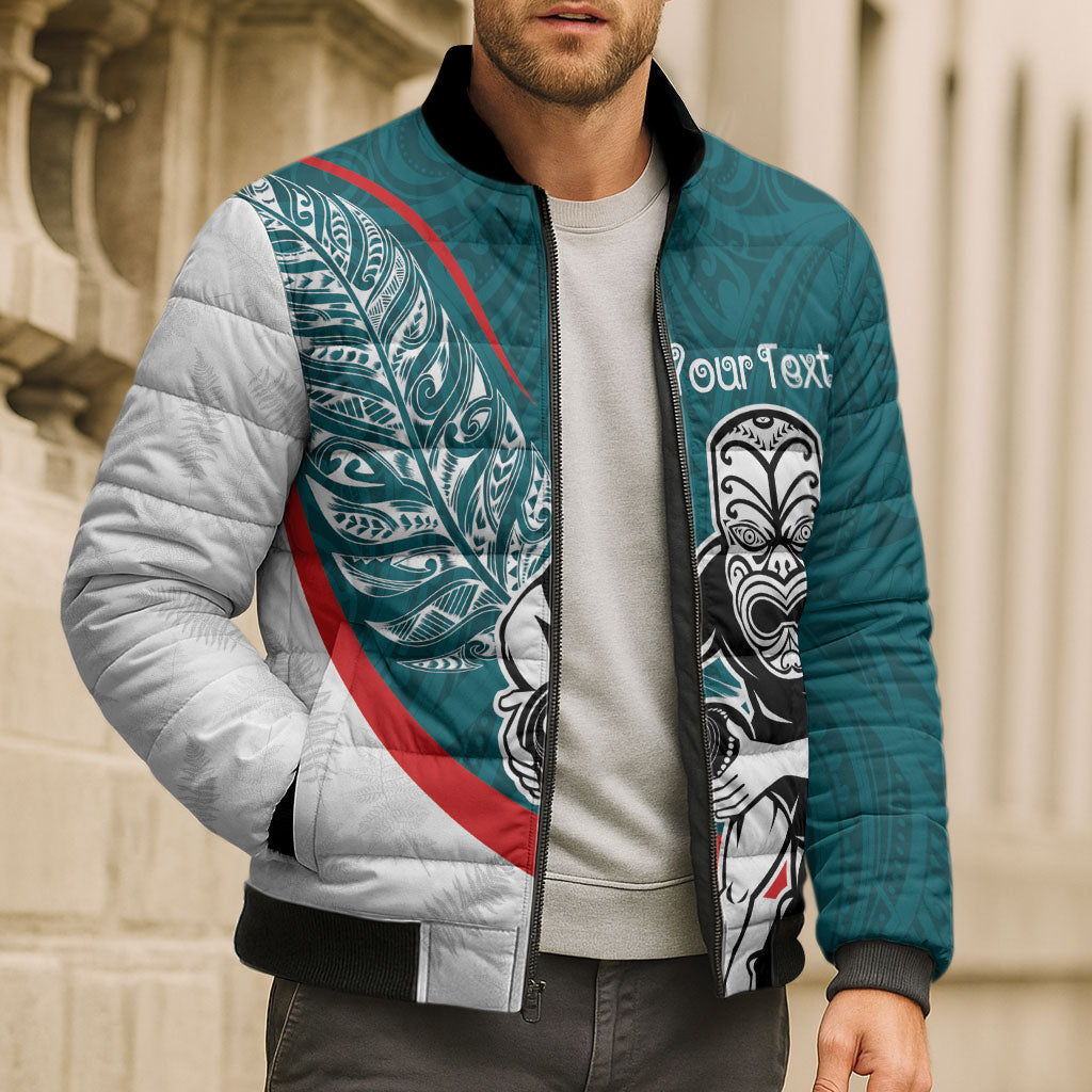 Personalised Aotearoa Lawn Bowls Bomber Puffer Jacket Maori Warrior and Silver Fern Sporty Style Teal