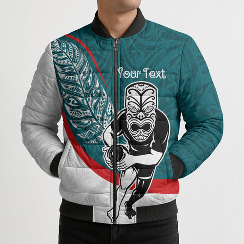 Personalised Aotearoa Lawn Bowls Bomber Puffer Jacket Maori Warrior and Silver Fern Sporty Style Teal