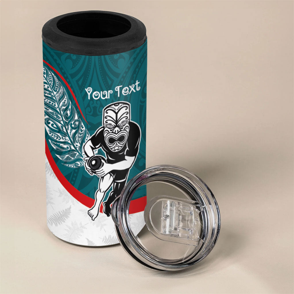 Personalised Aotearoa Lawn Bowls 4 in 1 Can Cooler Tumbler Maori Warrior and Silver Fern Sporty Style Teal