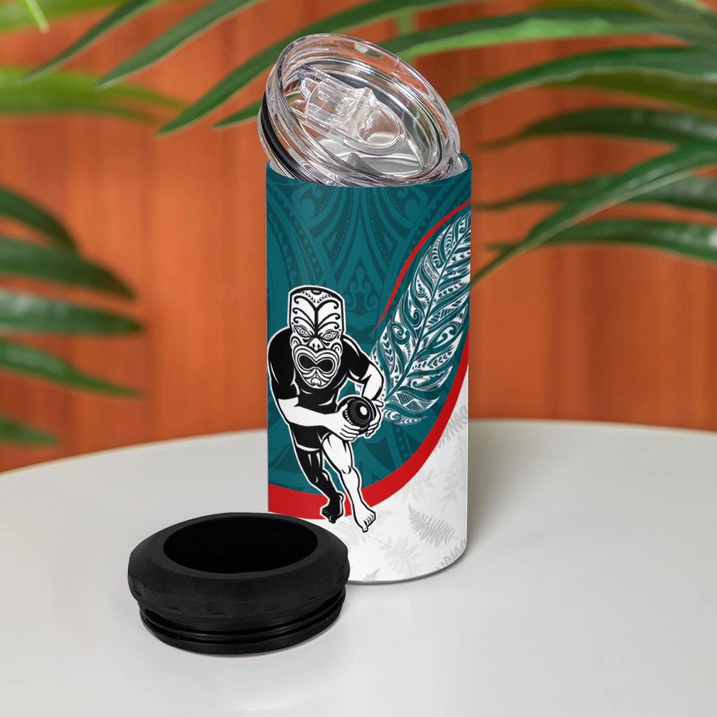 Personalised Aotearoa Lawn Bowls 4 in 1 Can Cooler Tumbler Maori Warrior and Silver Fern Sporty Style Teal