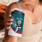 Personalised Aotearoa Lawn Bowls 4 in 1 Can Cooler Tumbler Maori Warrior and Silver Fern Sporty Style Teal