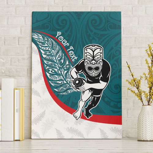 Personalised Aotearoa Lawn Bowls Canvas Wall Art Maori Warrior and Silver Fern Sporty Style Teal