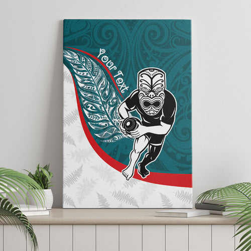 Personalised Aotearoa Lawn Bowls Canvas Wall Art Maori Warrior and Silver Fern Sporty Style Teal