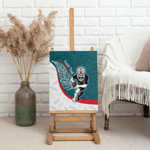 Personalised Aotearoa Lawn Bowls Canvas Wall Art Maori Warrior and Silver Fern Sporty Style Teal