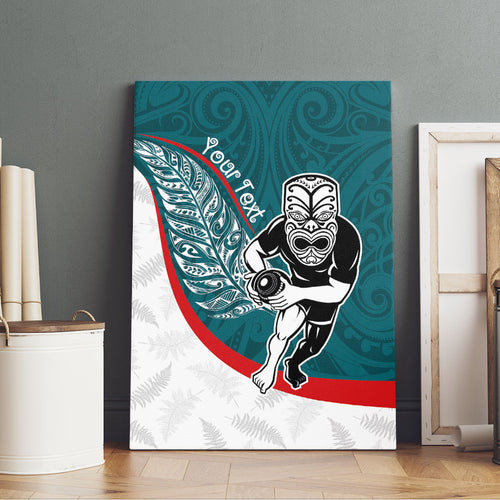 Personalised Aotearoa Lawn Bowls Canvas Wall Art Maori Warrior and Silver Fern Sporty Style Teal