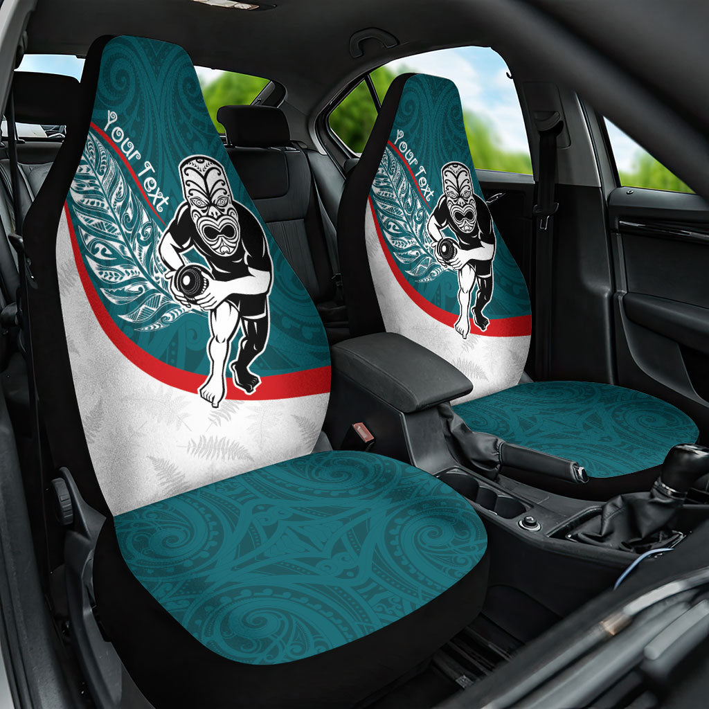 Personalised Aotearoa Lawn Bowls Car Seat Cover Maori Warrior and Silver Fern Sporty Style Teal