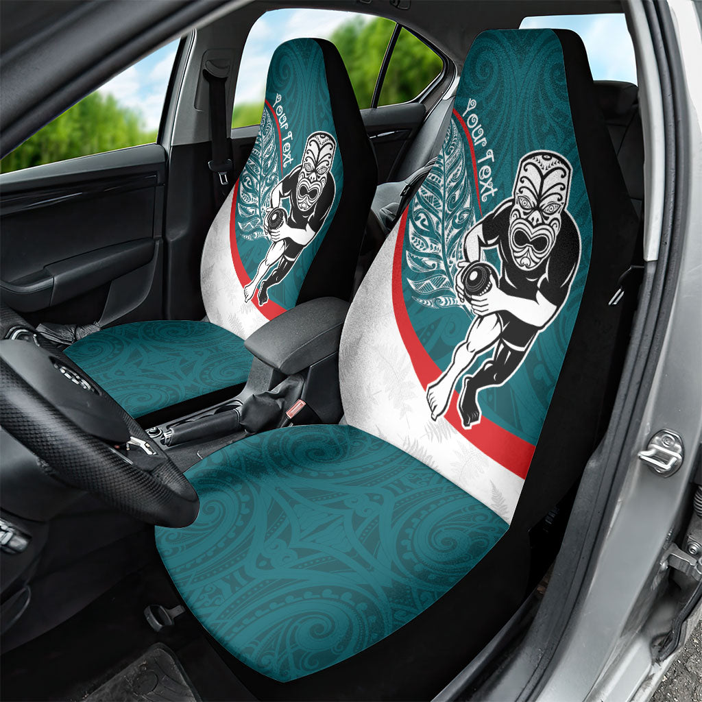 Personalised Aotearoa Lawn Bowls Car Seat Cover Maori Warrior and Silver Fern Sporty Style Teal