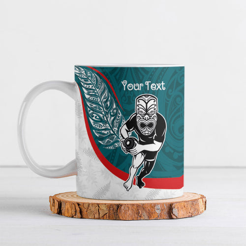 Personalised Aotearoa Lawn Bowls Ceramic Mug Maori Warrior and Silver Fern Sporty Style Teal
