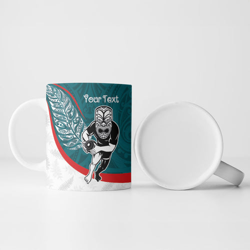 Personalised Aotearoa Lawn Bowls Ceramic Mug Maori Warrior and Silver Fern Sporty Style Teal