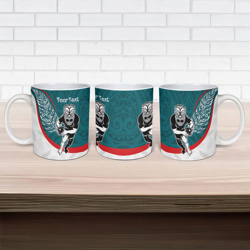 Personalised Aotearoa Lawn Bowls Ceramic Mug Maori Warrior and Silver Fern Sporty Style Teal