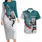Personalised Aotearoa Lawn Bowls Couples Matching Long Sleeve Bodycon Dress and Hawaiian Shirt Maori Warrior and Silver Fern Sporty Style Teal