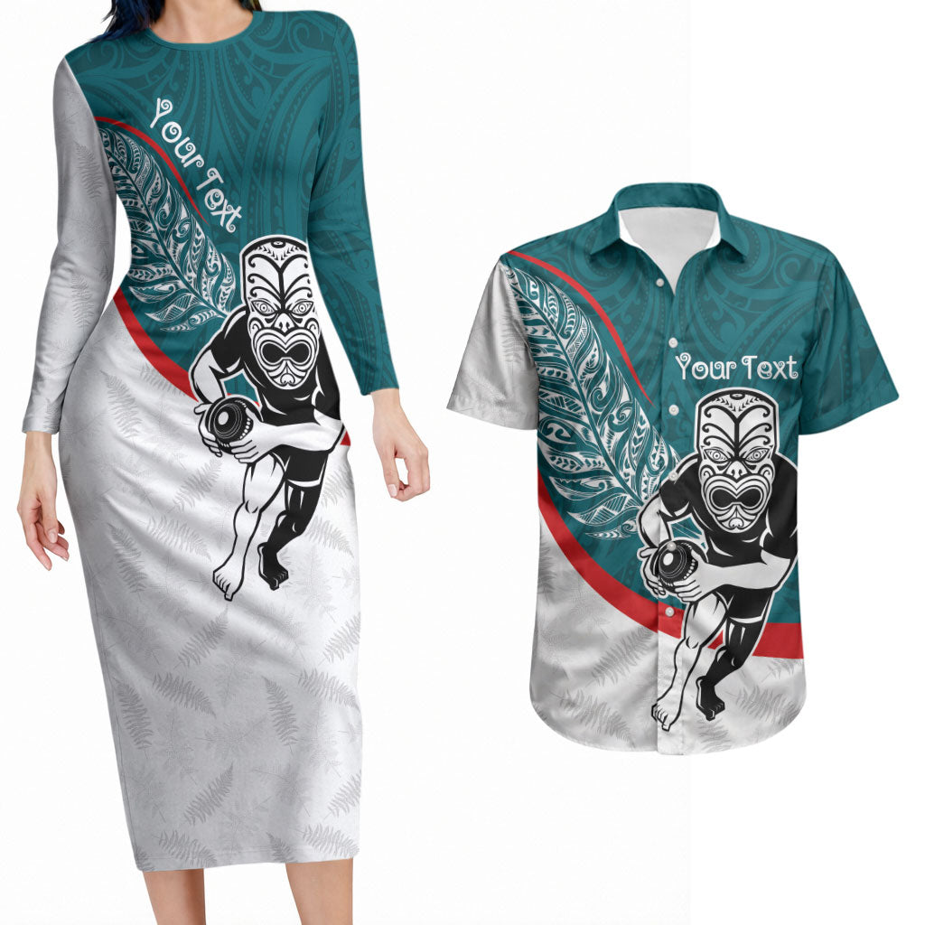 Personalised Aotearoa Lawn Bowls Couples Matching Long Sleeve Bodycon Dress and Hawaiian Shirt Maori Warrior and Silver Fern Sporty Style Teal