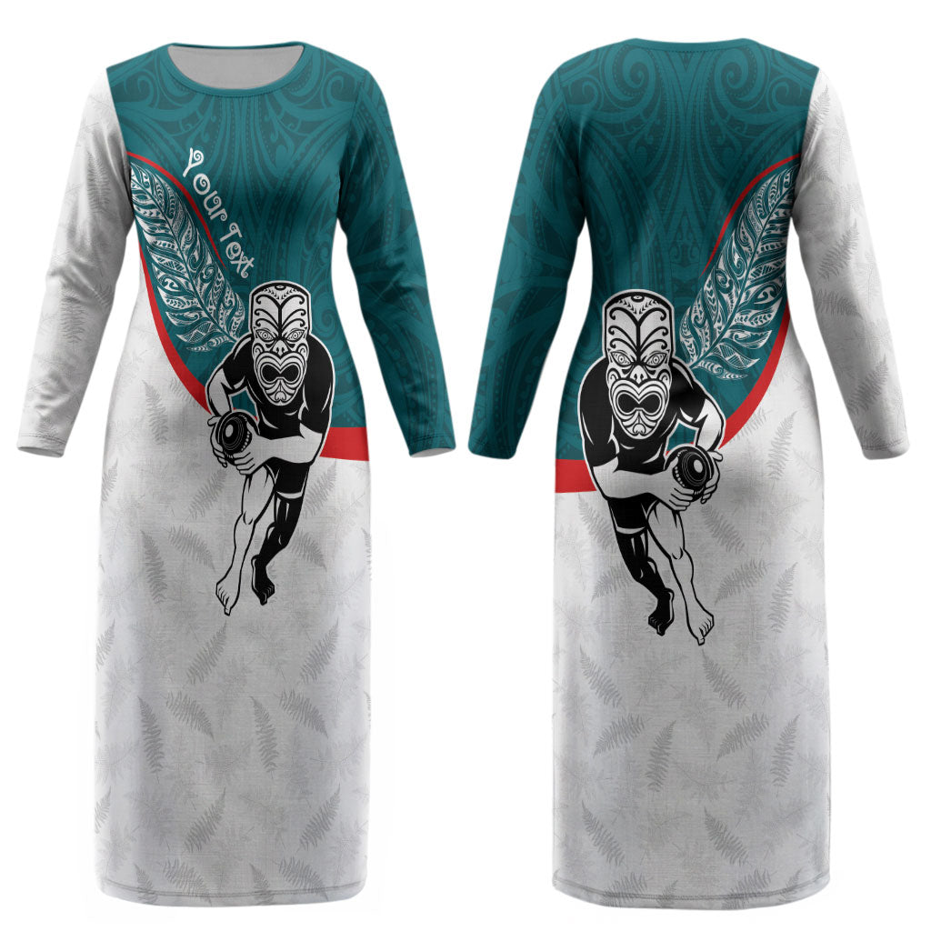 Personalised Aotearoa Lawn Bowls Couples Matching Long Sleeve Bodycon Dress and Hawaiian Shirt Maori Warrior and Silver Fern Sporty Style Teal