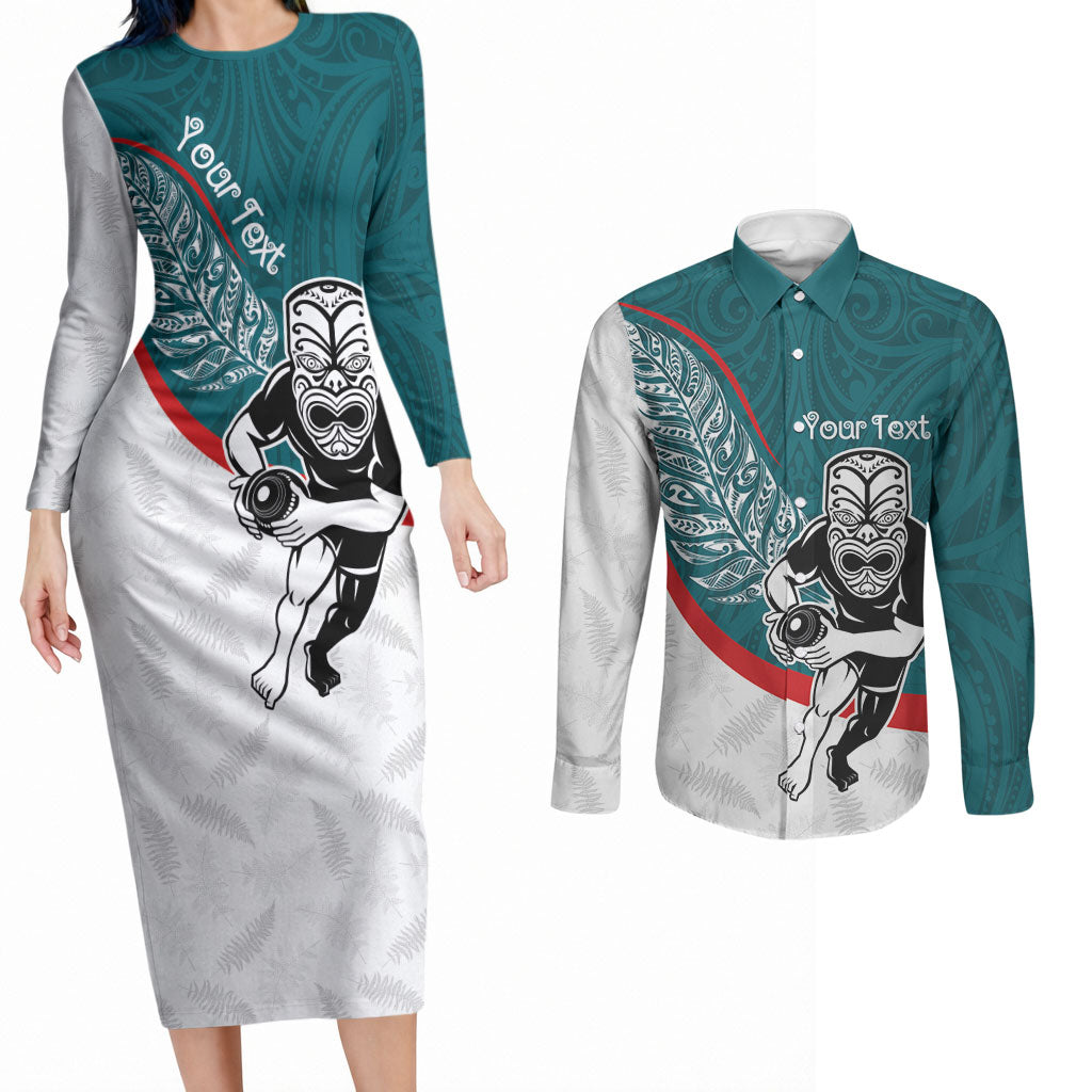 Personalised Aotearoa Lawn Bowls Couples Matching Long Sleeve Bodycon Dress and Long Sleeve Button Shirt Maori Warrior and Silver Fern Sporty Style Teal