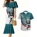 Personalised Aotearoa Lawn Bowls Couples Matching Mermaid Dress and Hawaiian Shirt Maori Warrior and Silver Fern Sporty Style Teal