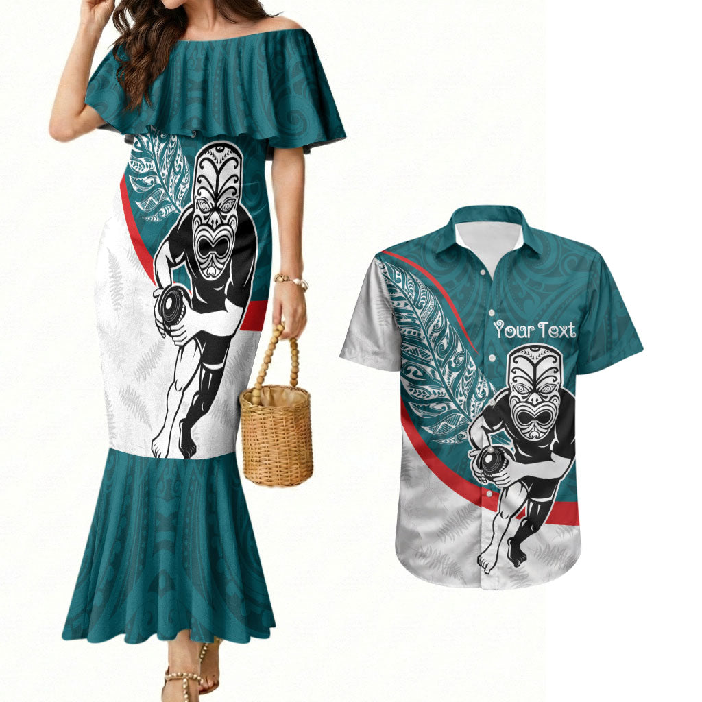 Personalised Aotearoa Lawn Bowls Couples Matching Mermaid Dress and Hawaiian Shirt Maori Warrior and Silver Fern Sporty Style Teal