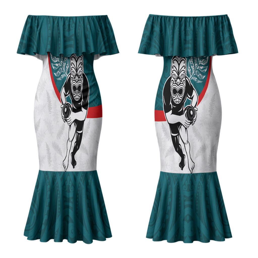 Personalised Aotearoa Lawn Bowls Couples Matching Mermaid Dress and Hawaiian Shirt Maori Warrior and Silver Fern Sporty Style Teal