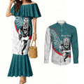 Personalised Aotearoa Lawn Bowls Couples Matching Mermaid Dress and Long Sleeve Button Shirt Maori Warrior and Silver Fern Sporty Style Teal