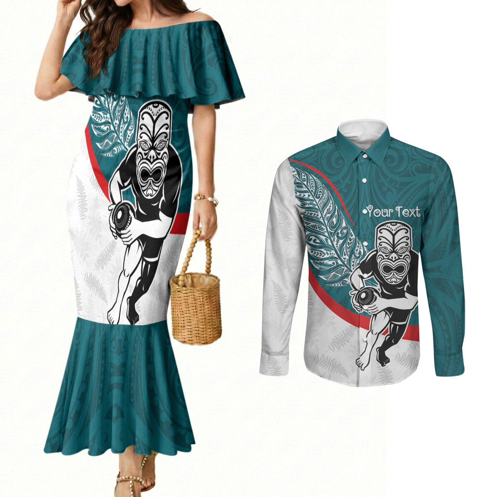 Personalised Aotearoa Lawn Bowls Couples Matching Mermaid Dress and Long Sleeve Button Shirt Maori Warrior and Silver Fern Sporty Style Teal