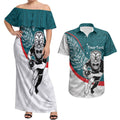Personalised Aotearoa Lawn Bowls Couples Matching Off Shoulder Maxi Dress and Hawaiian Shirt Maori Warrior and Silver Fern Sporty Style Teal
