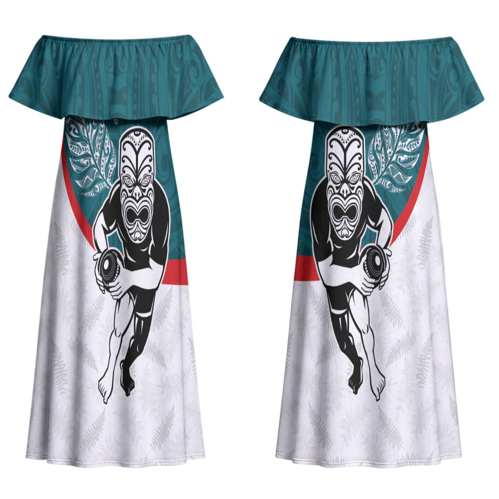 Personalised Aotearoa Lawn Bowls Couples Matching Off Shoulder Maxi Dress and Hawaiian Shirt Maori Warrior and Silver Fern Sporty Style Teal
