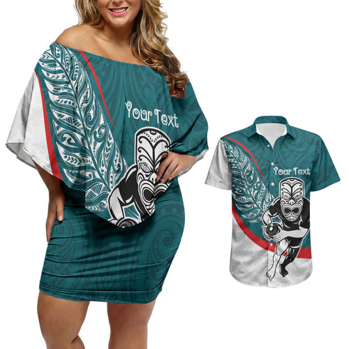 Personalised Aotearoa Lawn Bowls Couples Matching Off Shoulder Short Dress and Hawaiian Shirt Maori Warrior and Silver Fern Sporty Style Teal